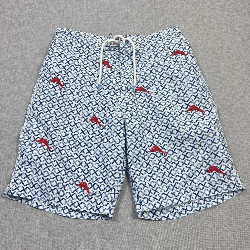 Tommy Bahama Swim Trunks Shorts Mens Small White‎ Geometric Lined Drawstring